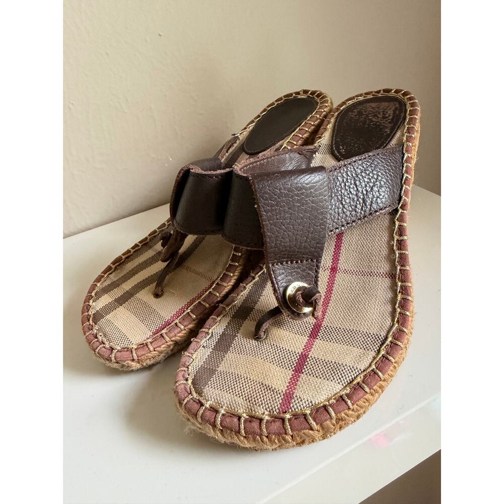 Burberry Nova Check Espadrille Wedge Sandals Womens EU 37 Brown Leather Thong